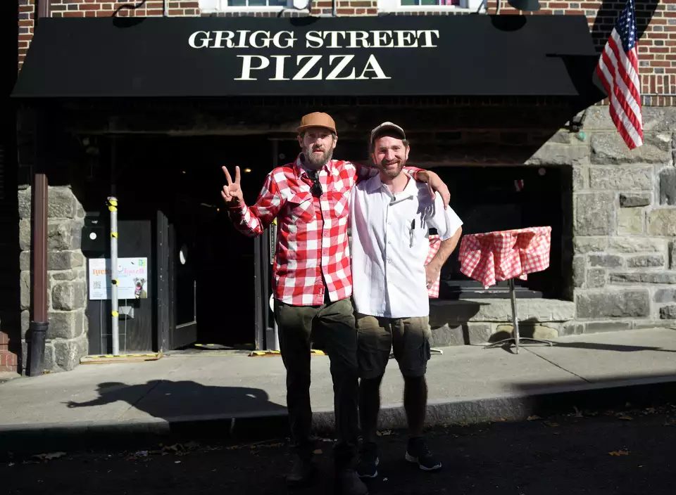 Matt Watson and Jonathan Corbo, owners of Grigg Street Pizza, outside the shop in Greenwich, CT